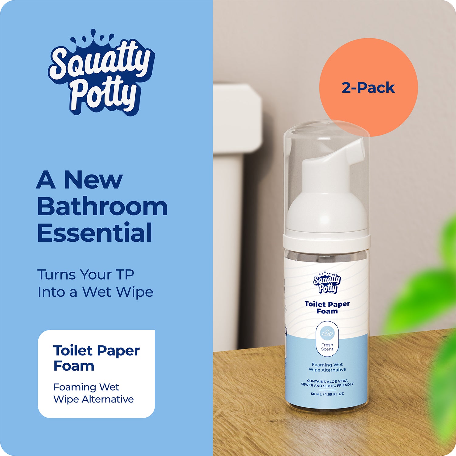 Squatty Potty Toilet Tissue Paper Foam Instant Wet Wipe Alternative - 2 Pack, 50 ml, 1.69 Fl Oz